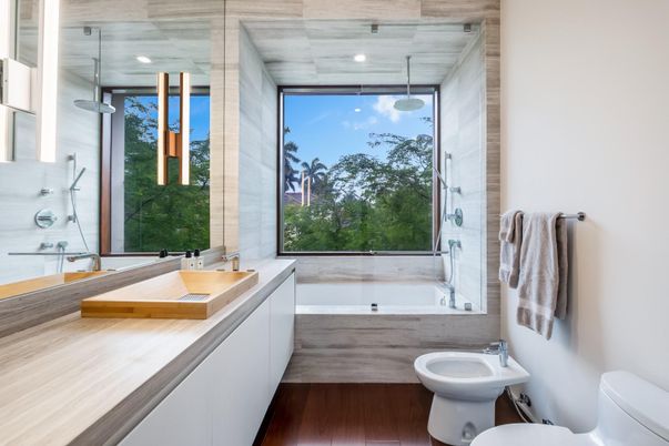 Bathroom, Interior, Recessed Lighting, Wood Texture Flooring