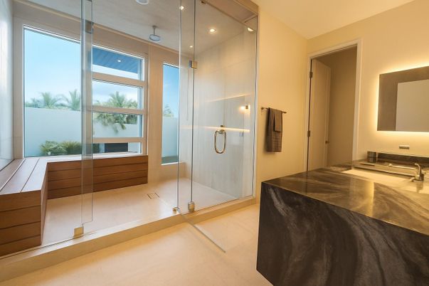 Bathroom, Glass Shower, Interior, Recessed Lighting