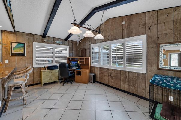 Home Office, Interior, Pendant Lights, Wooden Walls