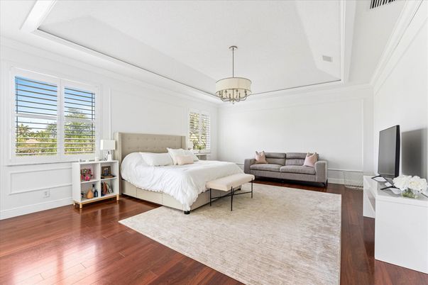 Bedroom, Interior, Pendant Lights, Wood Texture Flooring