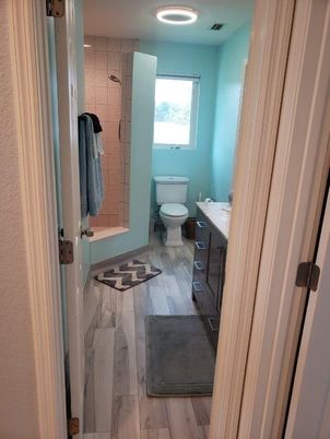 Bathroom, Interior, Recessed Lighting, Wood Texture Flooring