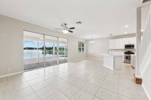 Chandelier, Empty room, Interior, Kitchen, Recessed Lighting, Stainless Steel Appliances, Water
