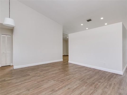 Empty room, Interior, Pendant Lights, Recessed Lighting, Wood Texture Flooring