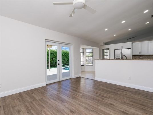Empty room, Interior, Kitchen, Recessed Lighting, Wood Texture Flooring