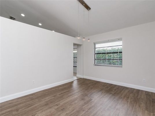Empty room, Interior, Pendant Lights, Recessed Lighting, Wood Texture Flooring