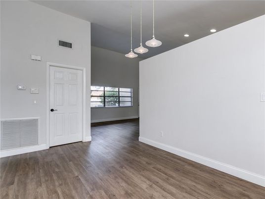Empty room, Interior, Pendant Lights, Recessed Lighting, Wood Texture Flooring