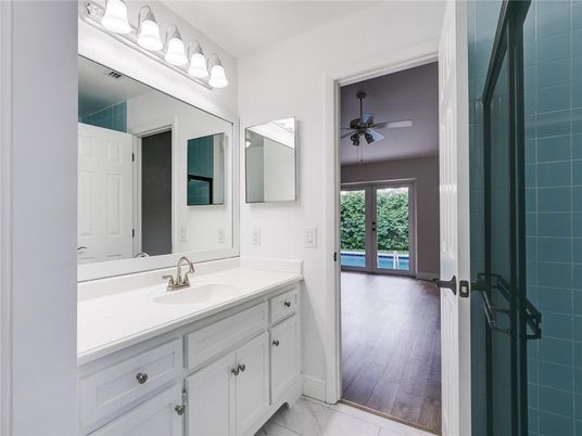 Bathroom, Dual Sink Vanities, Interior, Marble, Wood Texture Flooring