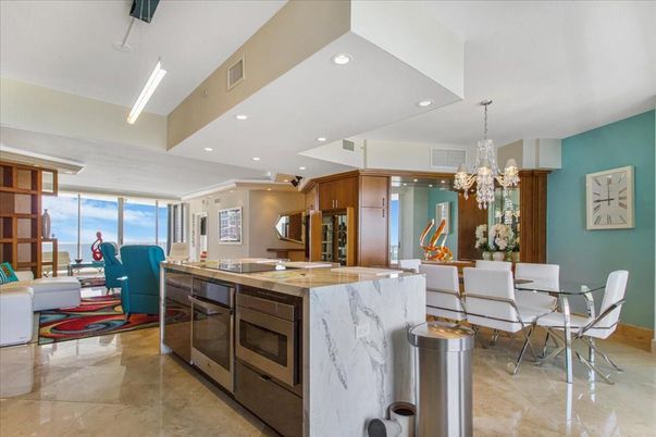 Chandelier, Dining room, Interior, Kitchen, Living room, Recessed Lighting, Stainless Steel Appliances