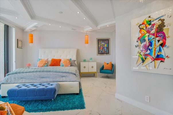 Bedroom, Interior, Marble, Pendant Lights, Recessed Lighting