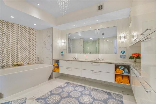 Bathroom, Dual Sink Vanities, Free Standing Baths, Interior, Marble, Marble Walls, Recessed Lighting