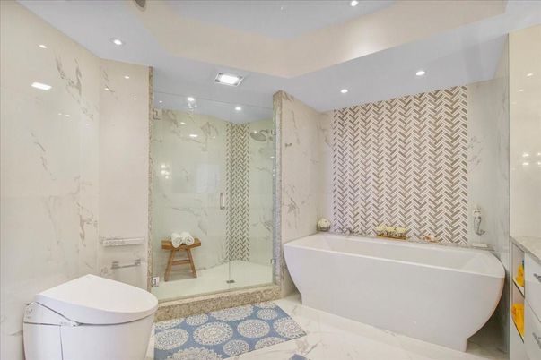 Bathroom, Free Standing Baths, Glass Shower, Interior, Marble, Marble Walls, Recessed Lighting