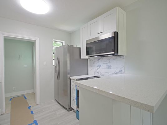 Interior, Kitchen, Marble Walls, Wood Texture Flooring