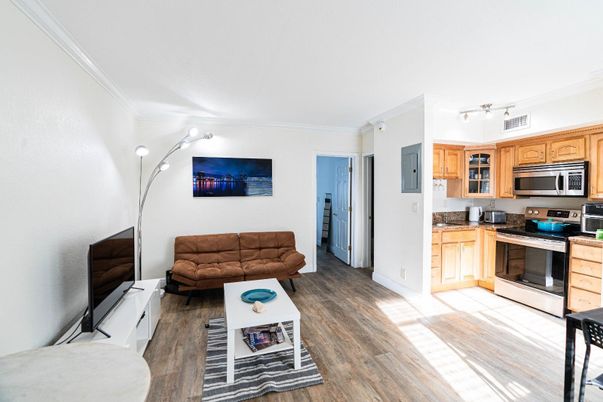 Interior, Kitchen, Living room, Stainless Steel Appliances, Wood Texture Flooring