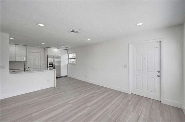 Empty room, Interior, Kitchen, Recessed Lighting, Wood Texture Flooring