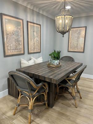 Dining room, Interior, Pendant Lights, Recessed Lighting, Wood Texture Flooring