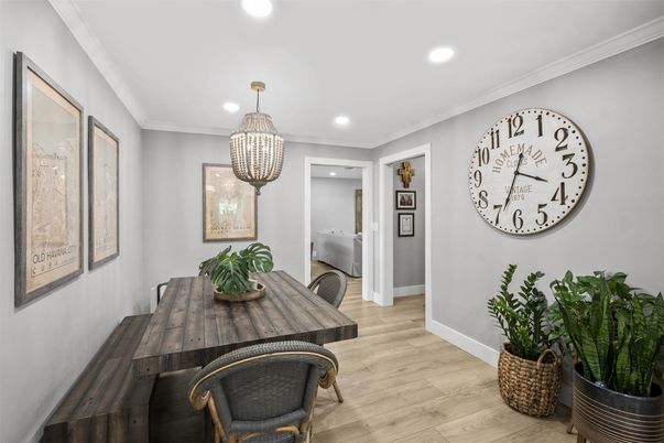 Dining room, Interior, Pendant Lights, Recessed Lighting, Wood Texture Flooring