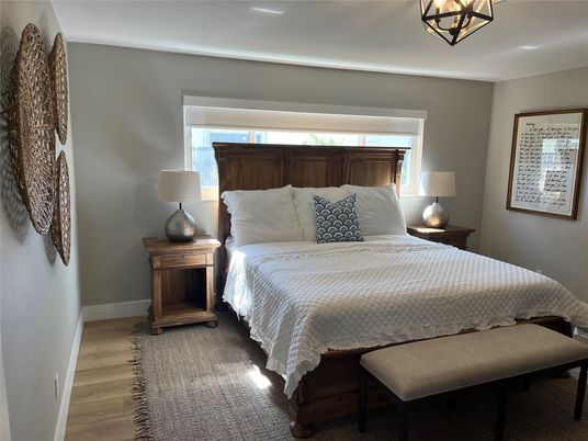 Bedroom, Interior, Pendant Lights, Wood Texture Flooring