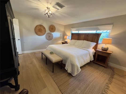 Bedroom, Chandelier, Interior, Wood Texture Flooring