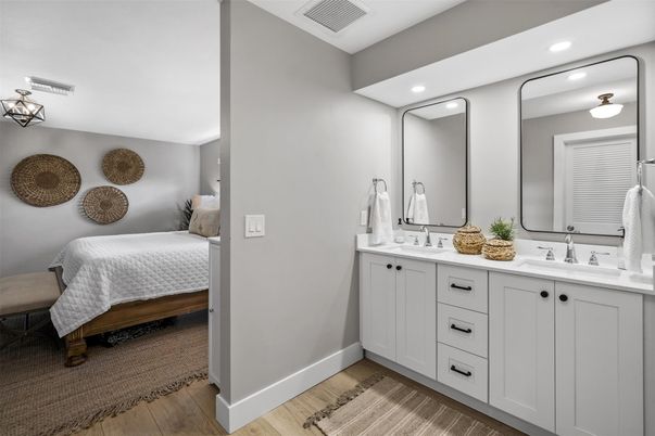 Bathroom, Bedroom, Dual Sink Vanities, Interior, Recessed Lighting, Wood Texture Flooring