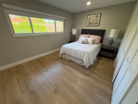 Bedroom, Interior, Recessed Lighting, Wood Texture Flooring