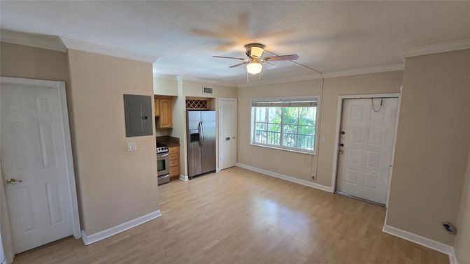 Empty room, Interior, Kitchen, Stainless Steel Appliances, Wood Texture Flooring