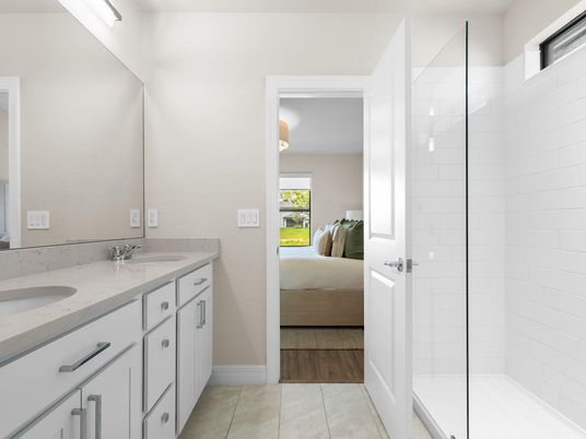 Bathroom, Bedroom, Dual Sink Vanities, Glass Shower, Interior, Wood Texture Flooring