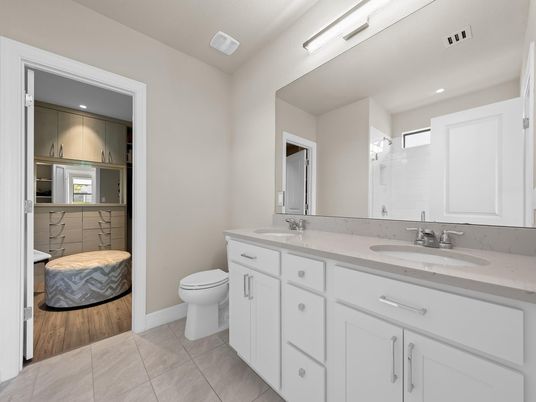 Bathroom, Dual Sink Vanities, Interior, Recessed Lighting, Wood Texture Flooring