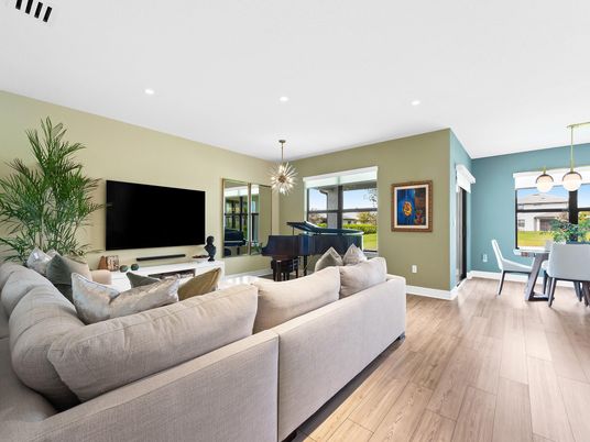 Dining room, Interior, Living room, Pendant Lights, Piano, Recessed Lighting, Wood Texture Flooring