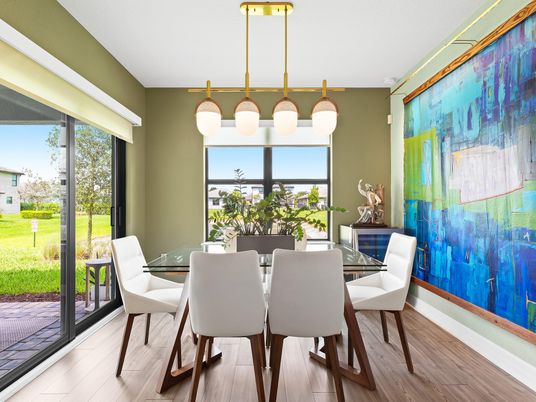 Dining room, Interior, Pendant Lights, Wood Texture Flooring