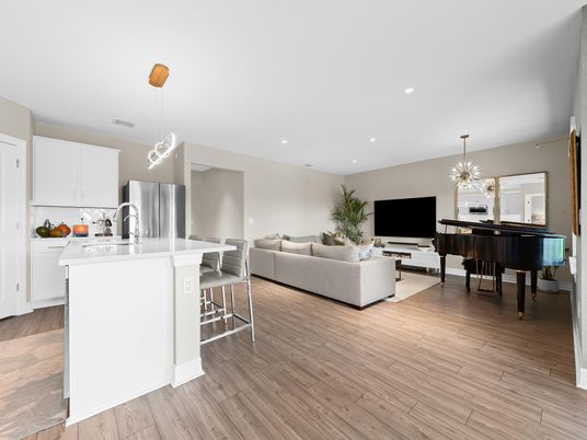 Interior, Kitchen, Living room, Pendant Lights, Piano, Recessed Lighting, Wood Texture Flooring
