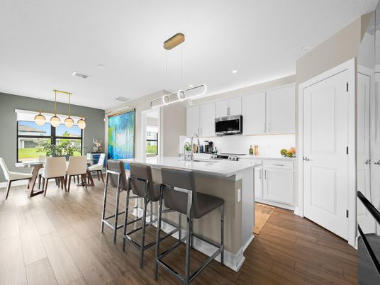 Dining room, Interior, Kitchen, Pendant Lights, Recessed Lighting, Wood Texture Flooring