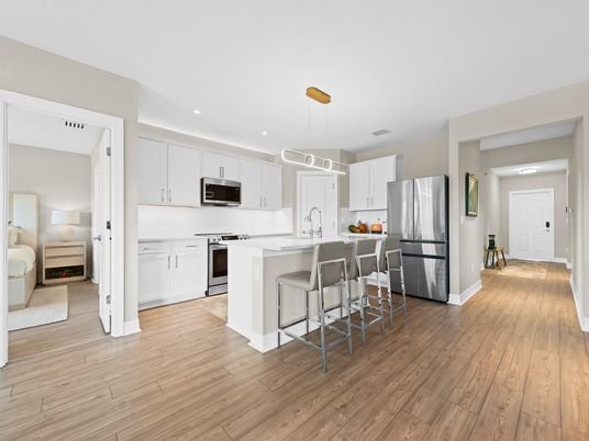 Bedroom, Interior, Kitchen, Pendant Lights, Recessed Lighting, Stainless Steel Appliances, Wood Texture Flooring