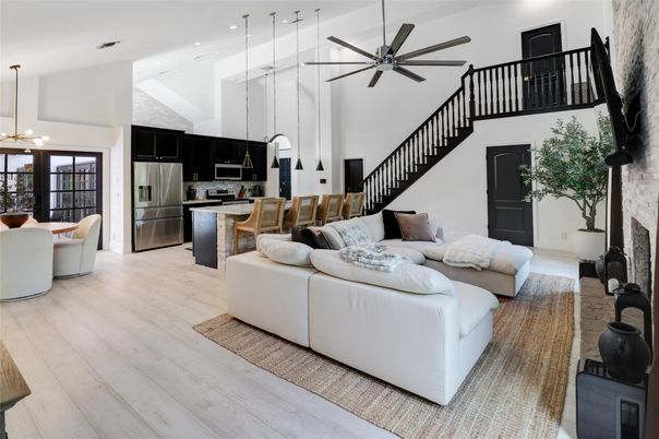 Dining room, Fireplace, Interior, Kitchen, Living room, Pendant Lights, Recessed Lighting, Stainless Steel Appliances, Wood Texture Flooring
