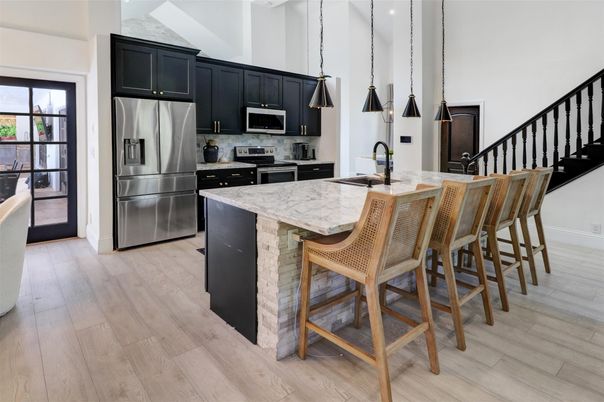 Interior, Kitchen, Pendant Lights, Recessed Lighting, Stainless Steel Appliances, Wood Texture Flooring