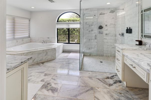 Bathroom, Glass Shower, Interior, Marble, Marble Walls, Recessed Lighting