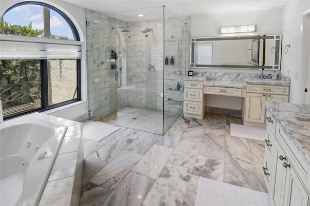 Bathroom, Glass Shower, Interior, Marble, Marble Walls, Recessed Lighting