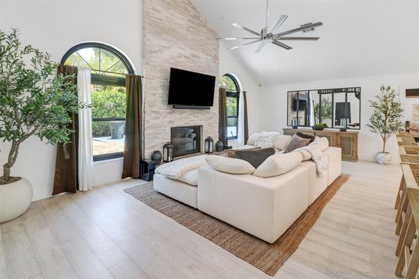 Fireplace, Interior, Living room, Pendant Lights, Stone Walls, Wood Texture Flooring