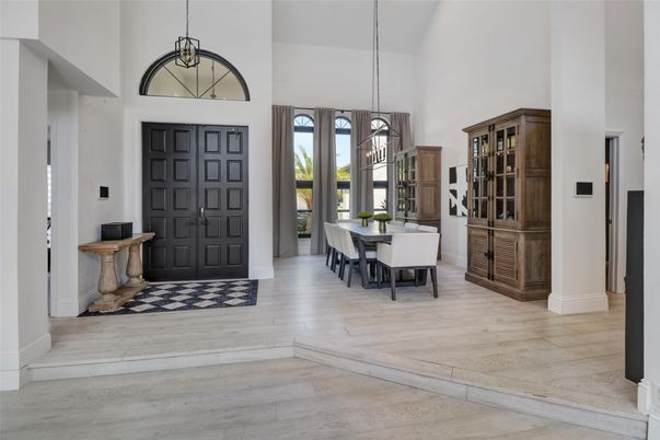 Dining room, Interior, Pendant Lights, Wood Texture Flooring