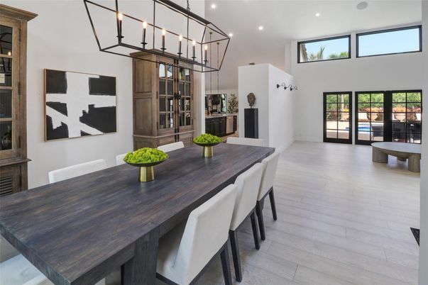 Chandelier, Dining room, Interior, Pendant Lights, Recessed Lighting, Wood Texture Flooring