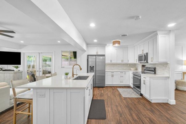 Interior, Kitchen, Recessed Lighting, Stainless Steel Appliances, Wood Texture Flooring
