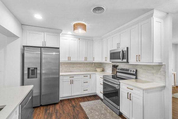 Interior, Kitchen, Recessed Lighting, Stainless Steel Appliances, Wood Texture Flooring
