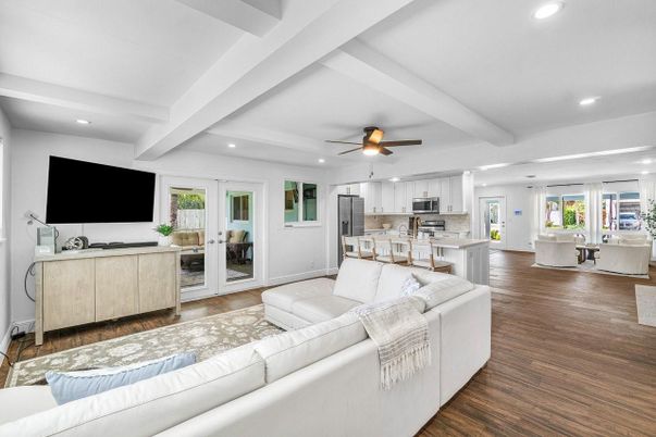 Dining room, Interior, Kitchen, Living room, Recessed Lighting, Stainless Steel Appliances, Wood Texture Flooring