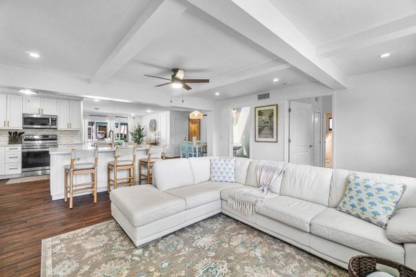 Interior, Kitchen, Living room, Recessed Lighting, Stainless Steel Appliances, Wood Texture Flooring