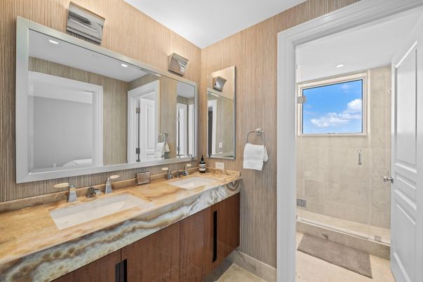 Bathroom, Dual Sink Vanities, Glass Shower, Interior, Recessed Lighting, Wooden Walls