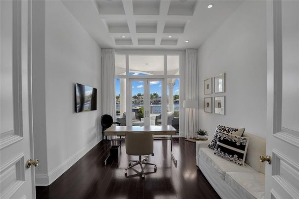 Home Office, Interior, Recessed Lighting, Water, Wood Texture Flooring
