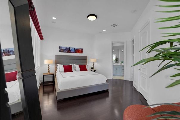 Bedroom, Interior, Recessed Lighting, Wood Texture Flooring