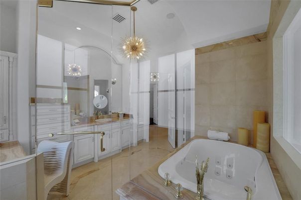 Bathroom, Dual Sink Vanities, Glass Shower, Interior, Pendant Lights, Recessed Lighting