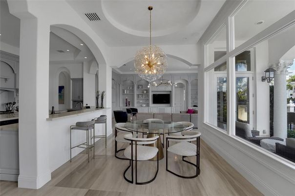 Chandelier, Dining room, Interior, Pendant Lights, Recessed Lighting, Wood Texture Flooring