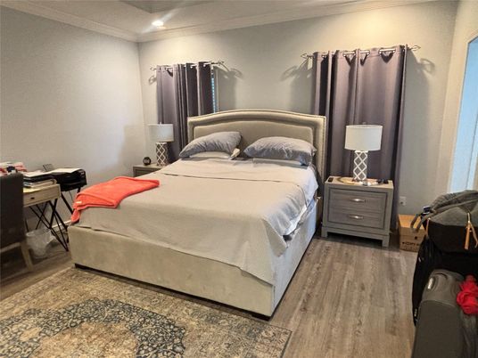 Bedroom, Interior, Recessed Lighting, Wood Texture Flooring