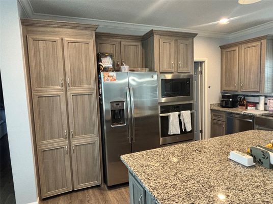 Interior, Kitchen, Recessed Lighting, Stainless Steel Appliances, Wood Texture Flooring